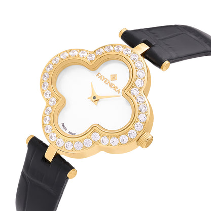 Stainless Steel 316L Watch Golden Color Black Leather Embedded With White Zircon - WHITE MOP DIAL