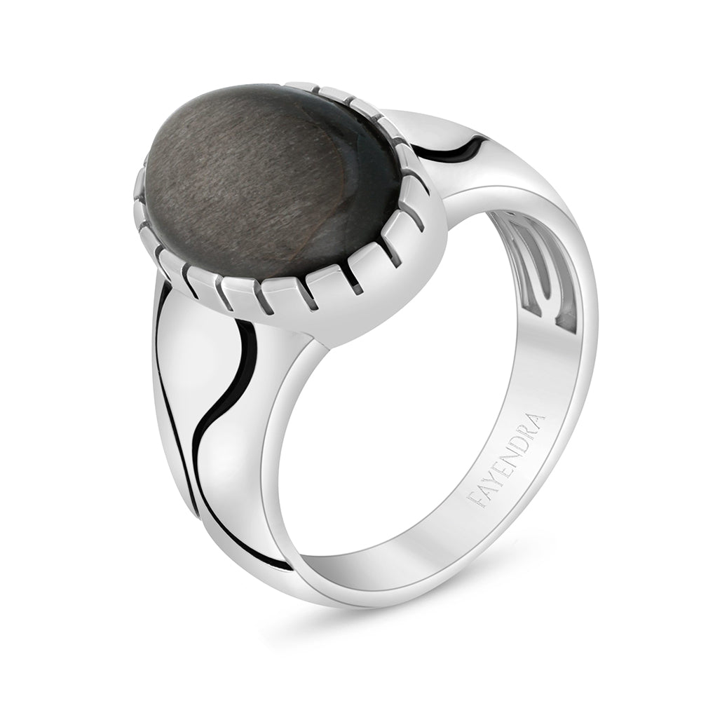 Sterling Silver 925 Ring Rhodium And Black Plated Embedded With Cabochon Obsidian For Men