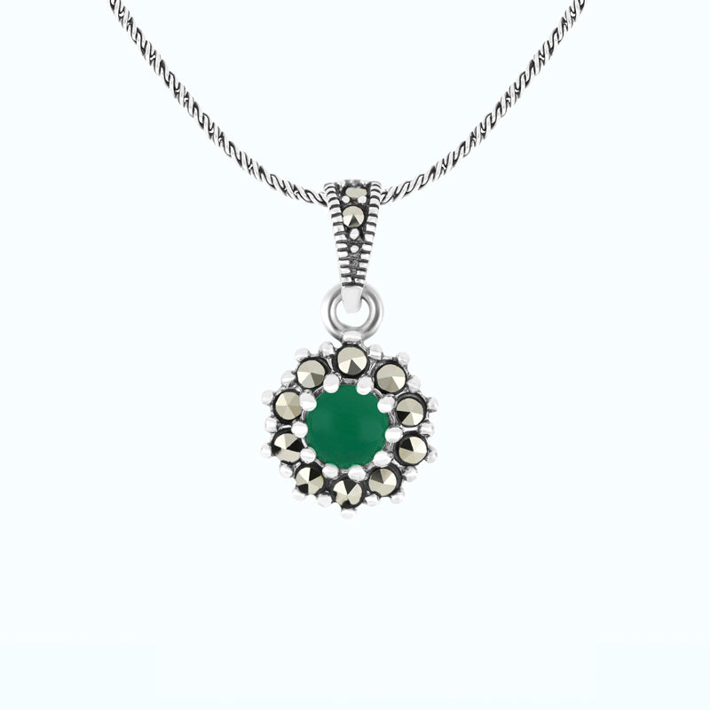 Sterling Silver 925 Pendant Embedded With Natural Green Agate And Marcasite Stones