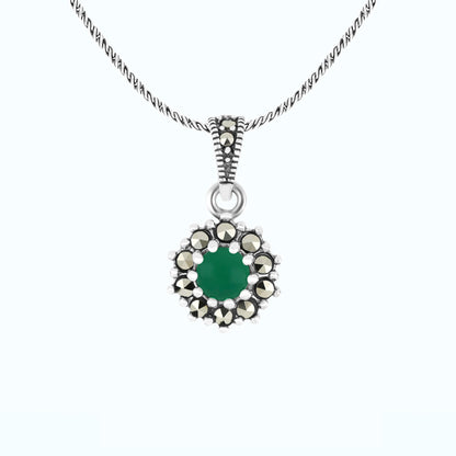 Sterling Silver 925 Pendant Embedded With Natural Green Agate And Marcasite Stones