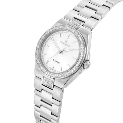 Stainless Steel 316L Watch Silver Color Embedded With CVD Diamonds - WHITE MOP DIAL