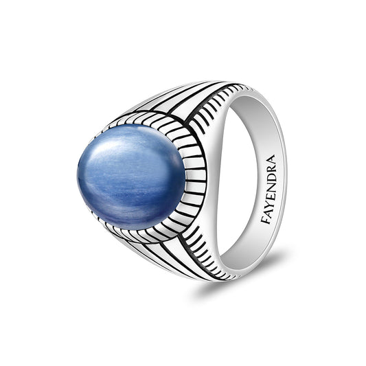 Sterling Silver 925 Ring Rhodium And Black Plated Embedded With Cabochon Natural Kyanite For Men