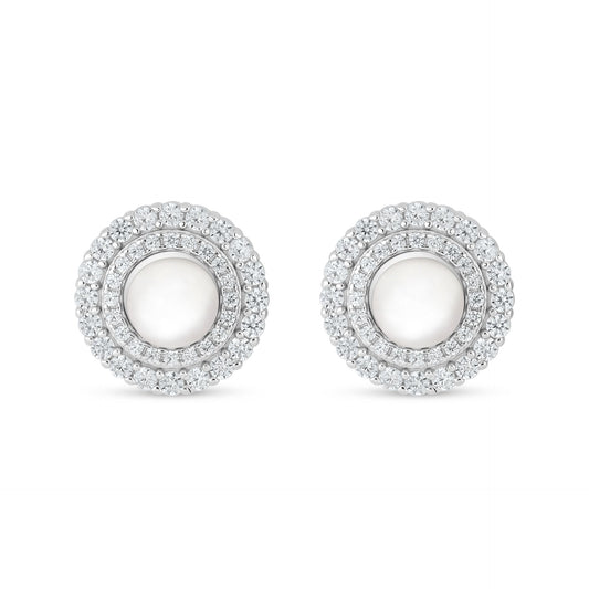 Sterling Silver 925 Earring Rhodium Plated Embedded With Natural White Pearl And White Zircon