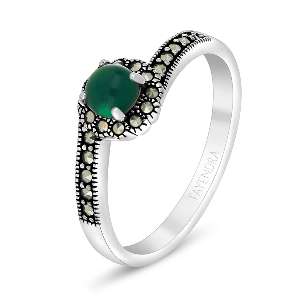 Sterling Silver 925 Ring Embedded With Natural Green Agate And Marcasite Stones