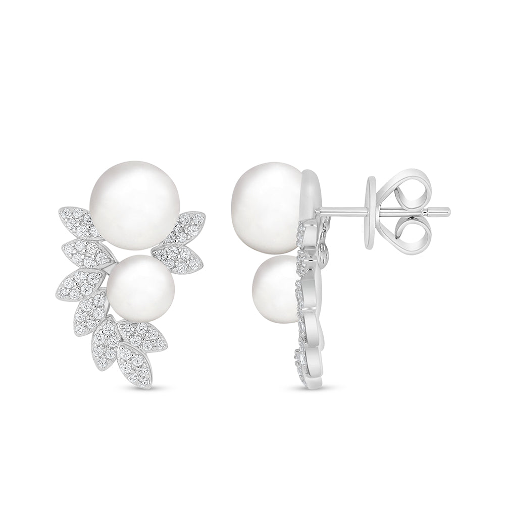Sterling Silver 925 Earring Rhodium Plated Embedded With Natural White Pearl And White Zircon