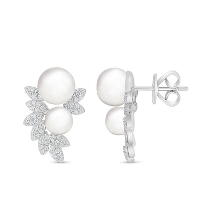 Sterling Silver 925 Earring Rhodium Plated Embedded With Natural White Pearl And White Zircon