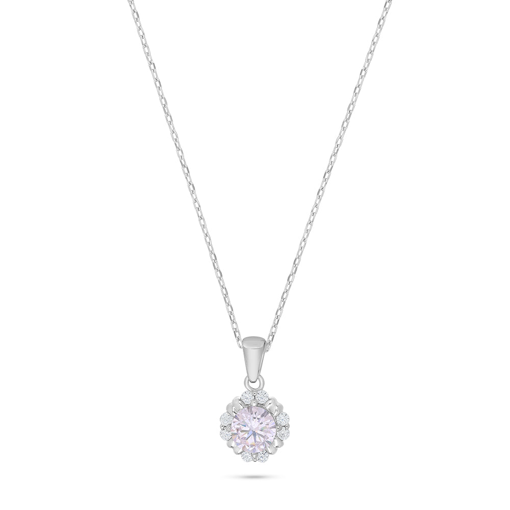Sterling Silver 925 Necklace Rhodium Plated Embedded With Pink Zircon And White Zircon