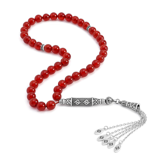 Dark Red Agate Rosary 45 Round Cabochon 8 mm With Stainless Steel 316L Set (Silver & Black Plated)