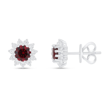 Sterling Silver 925 Earring Rhodium Plated Embedded With Ruby Corundum And White Zircon