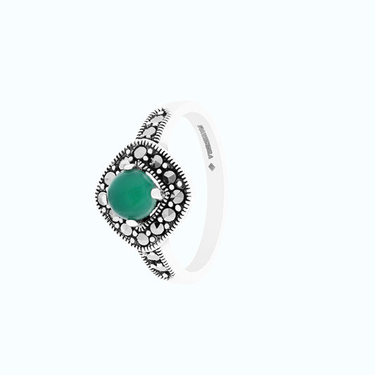 Sterling Silver 925 Ring Embedded With Natural Green Agate And Marcasite Stones