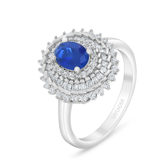Sterling Silver 925 Ring Rhodium Plated Embedded With Sapphire Corundum And White Zircon