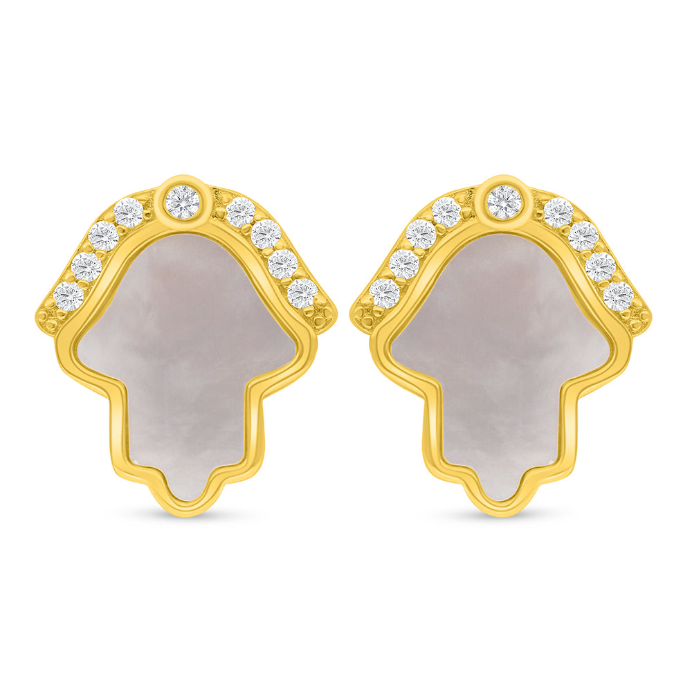 Sterling Silver 925 Earring Golden Plated Embedded With White Shell And White Zircon