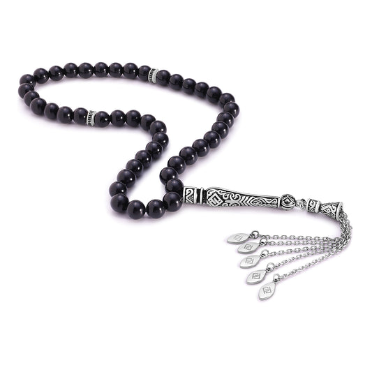 Black Obsidian Rosary 45 Round Beads 8 mm With Stainless Steel 316L Set (Silver & Black Plated)