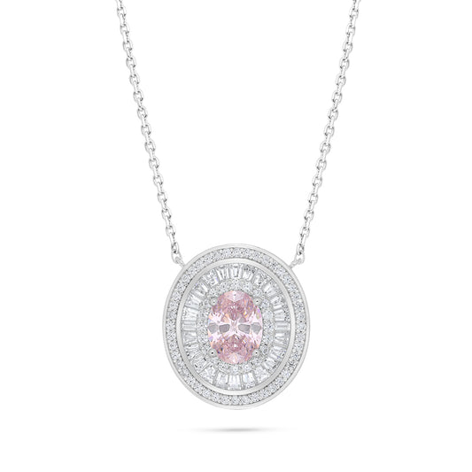 Sterling Silver 925 Necklace Rhodium Plated Embedded With Pink Zircon And White Zircon