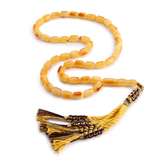 Rosary 45 Embedded With Natural Yellow Amber Barrel-Shaped 7*11 mm And Fabric Tassel
