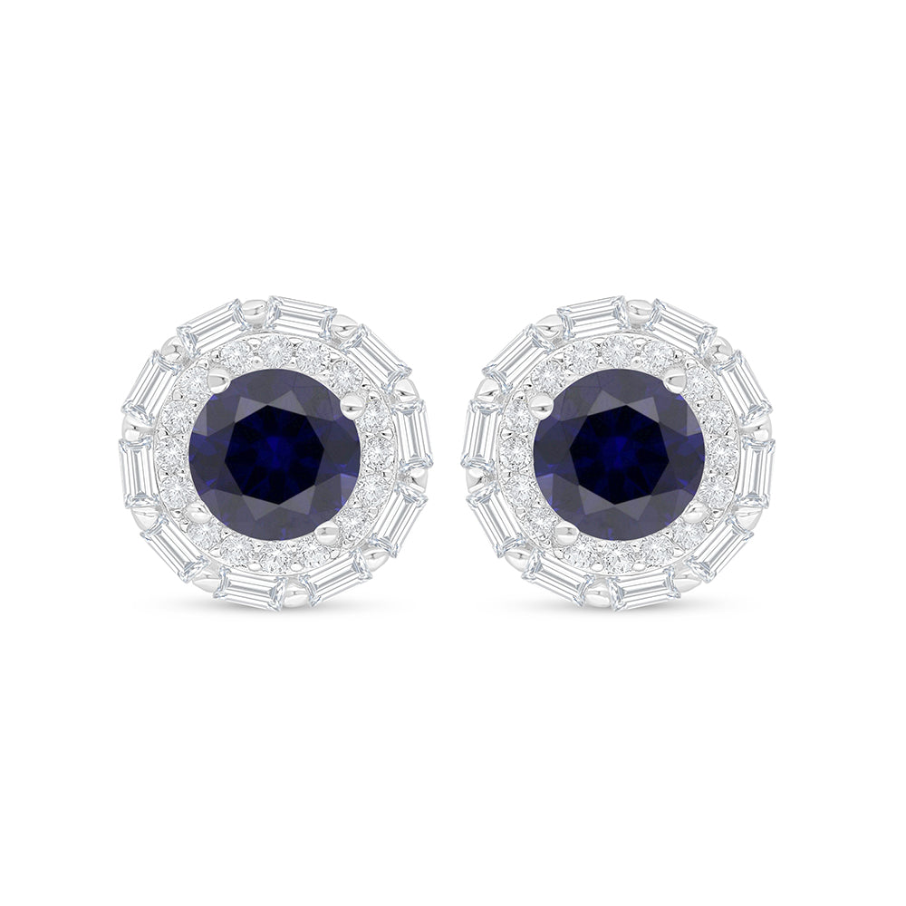 Sterling Silver 925 Earring Rhodium Plated Embedded With Sapphire Corundum And White Zircon