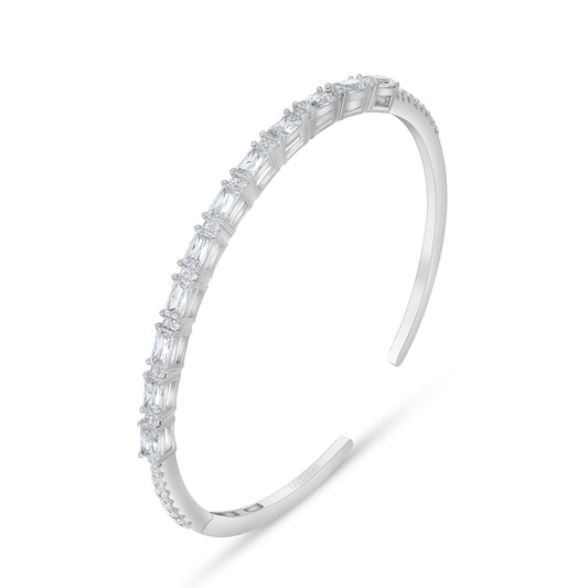 Sterling Silver 925 Bangle Rhodium Plated Embedded With White Zircon ( 52*58 )