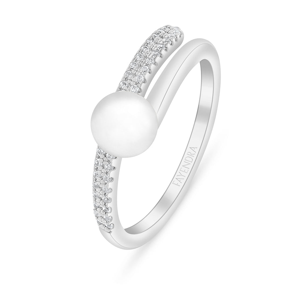 Sterling Silver 925 Ring Rhodium Plated Embedded With Natural White Pearl And White Zircon