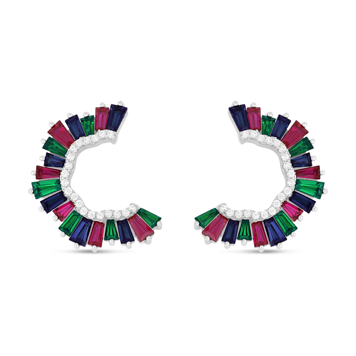 Sterling Silver 925 Earring Rhodium Plated Embedded With Emerald Zircon,Ruby, Sapphire Corundum And White Zircon
