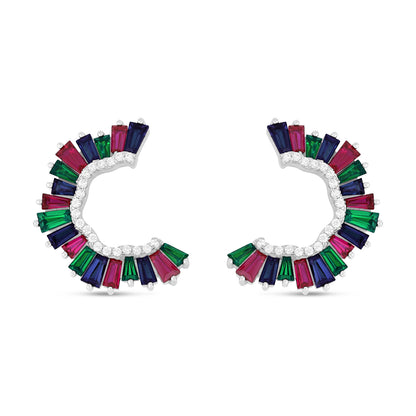 Sterling Silver 925 Earring Rhodium Plated Embedded With Emerald Zircon,Ruby, Sapphire Corundum And White Zircon