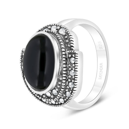 Sterling Silver 925 Ring Embedded With Natural Black Agate And Marcasite Stones
