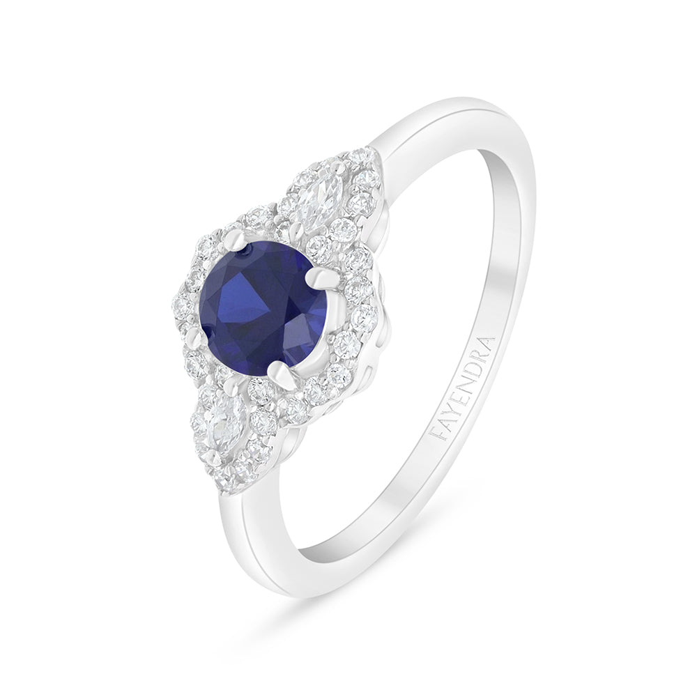 Sterling Silver 925 Ring Rhodium Plated Embedded With Sapphire Corundum And White Zircon