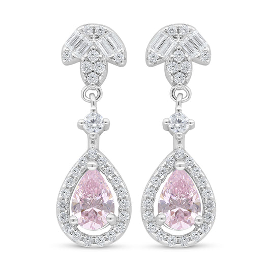 Sterling Silver 925 Earring Rhodium Plated Embedded With Pink Zircon And White Zircon