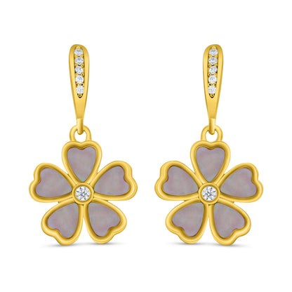 Sterling Silver 925 Earring Golden Plated Embedded With Pink Shell And White Zircon