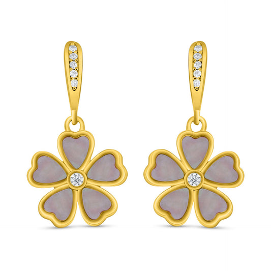 Sterling Silver 925 Earring Golden Plated Embedded With Pink Shell And White Zircon