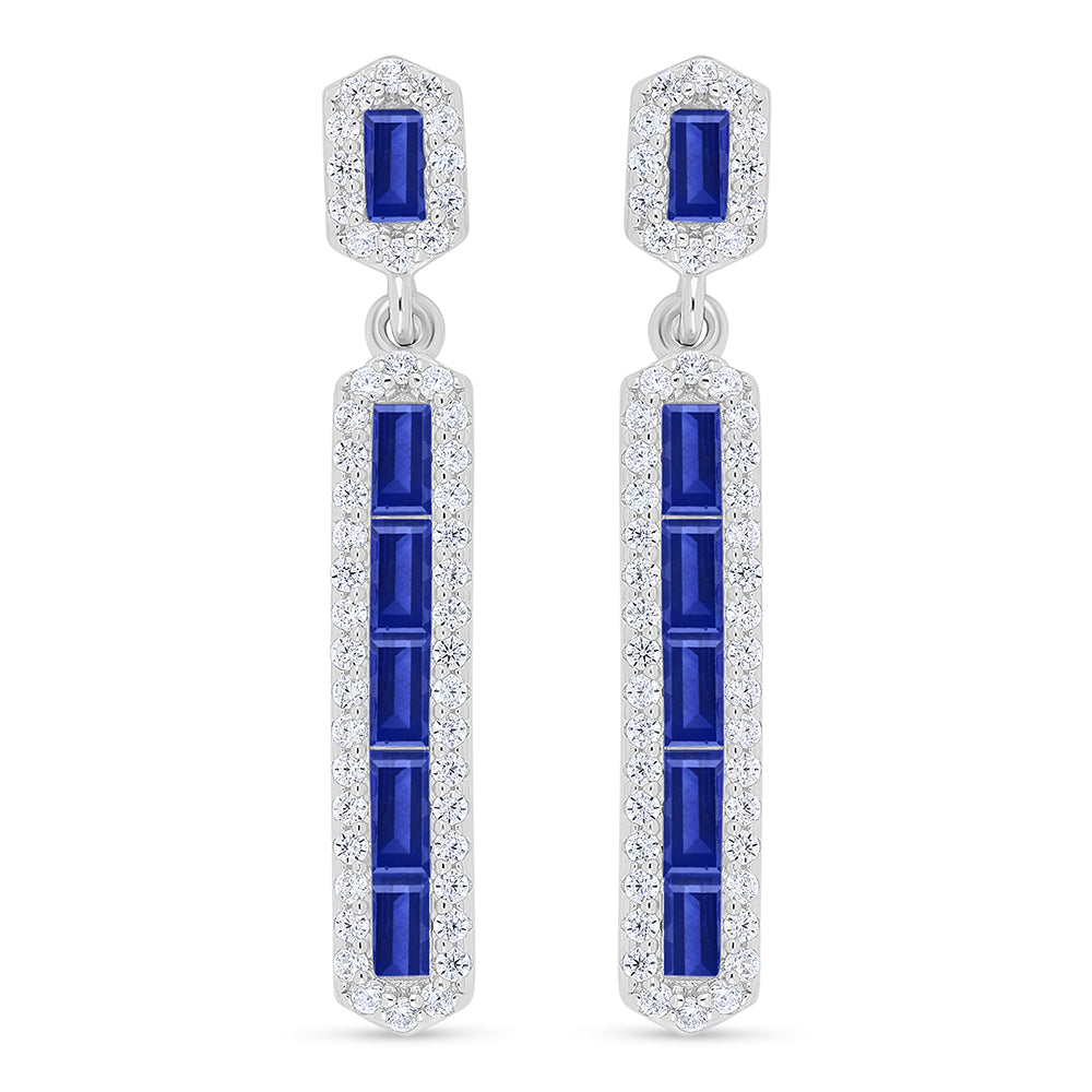 Sterling Silver 925 Earring Rhodium Plated Embedded With Sapphire Corundum And White Zircon