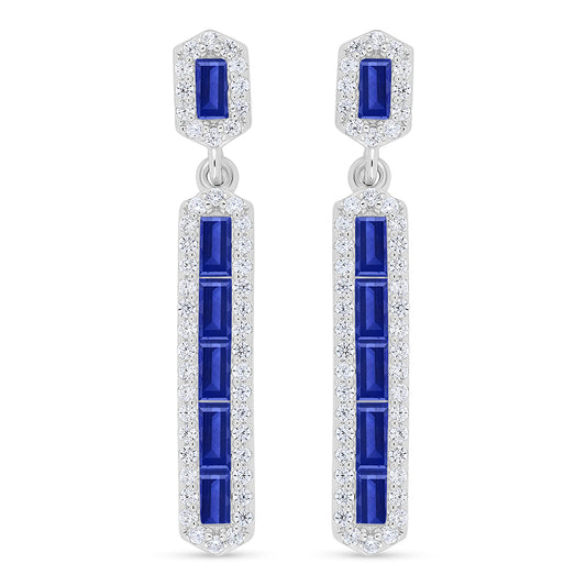 Sterling Silver 925 Earring Rhodium Plated Embedded With Sapphire Corundum And White Zircon