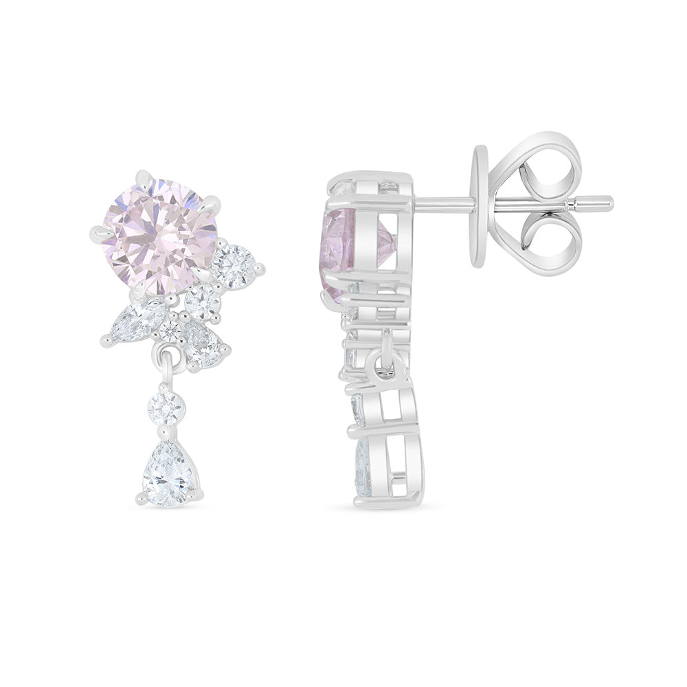 Sterling Silver 925 Earring Rhodium Plated Embedded With pink Zircon And White Zircon