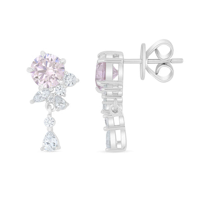 Sterling Silver 925 Earring Rhodium Plated Embedded With pink Zircon And White Zircon