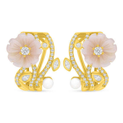 اقراط من الفضة الخالصة عيار 925 مطلية ذهبي مرصعة لولو ابيض طبيعي و صدف وردي و فص ابيض