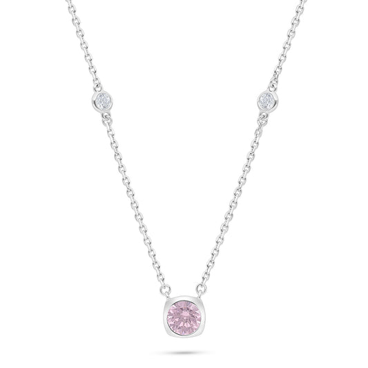 Sterling Silver 925 Necklace Rhodium Plated Embedded With Pink Zircon And White Zircon
