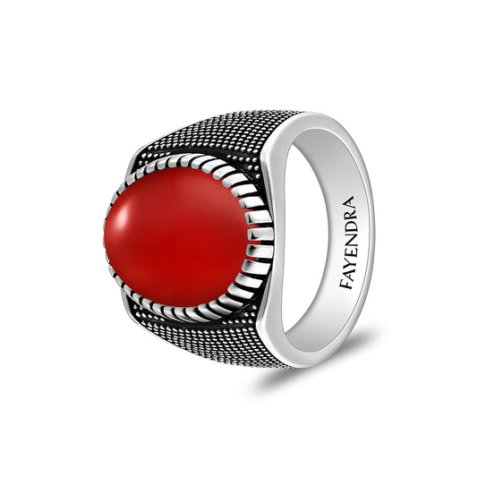 Sterling Silver 925 Ring Rhodium And Black Plated Embedded With Cabochon Red Agate For Men