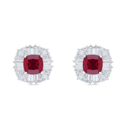 Sterling Silver 925 Earring Rhodium Plated Embedded With Ruby Corundum And White Zircon