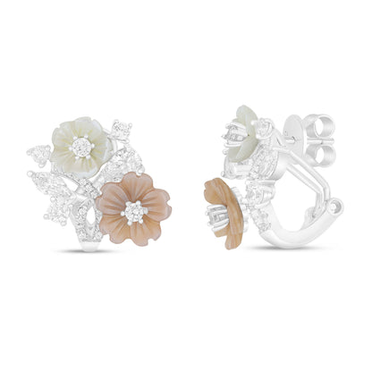 Sterling Silver 925 Earring Rhodium Plated Embedded With White And Pink Shell And White Zircon