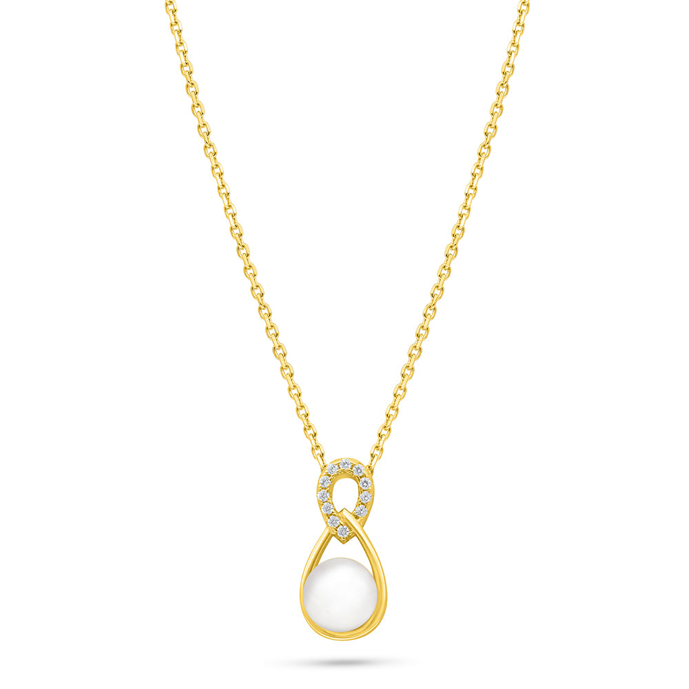 عقد من الفضة الخالصة عيار 925 مطلي ذهبي مرصع لولو ابيض طبيعي و فص ابيض