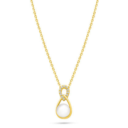 عقد من الفضة الخالصة عيار 925 مطلي ذهبي مرصع لولو ابيض طبيعي و فص ابيض