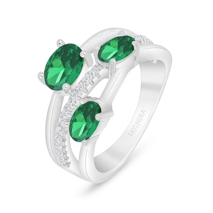 Sterling Silver 925 Ring Rhodium Plated Embedded With Emerald Zircon And White Zircon