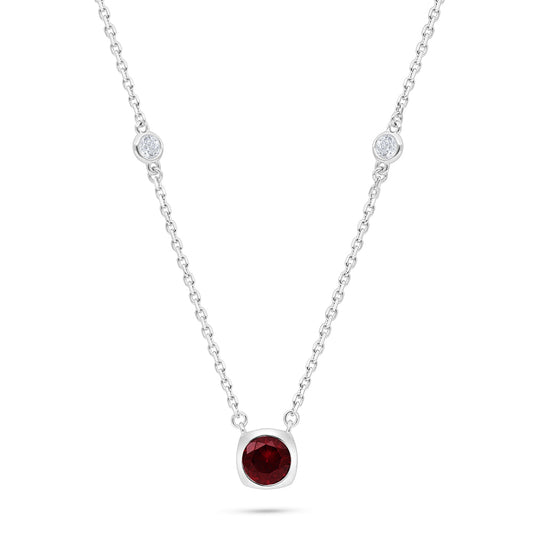 Sterling Silver 925 Necklace Rhodium Plated Embedded With Ruby Corundum And White Zircon