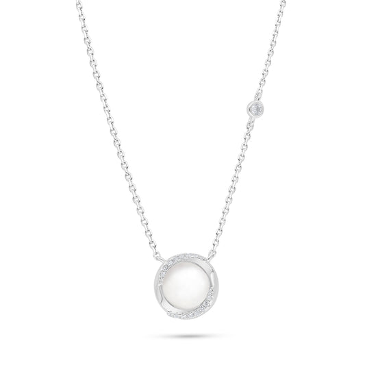 Sterling Silver 925 Necklace Rhodium Plated Embedded With Natural White Pearl And White Zircon