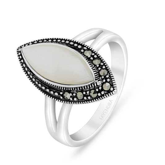 Sterling Silver 925 Ring Embedded With Natural White Shell And Marcasite Stones