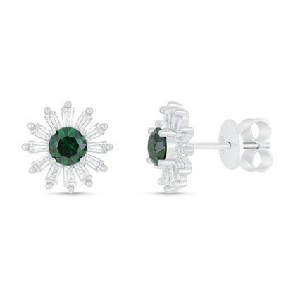 Sterling Silver 925 Earring Rhodium Plated Embedded With Emerald Zircon And White Zircon