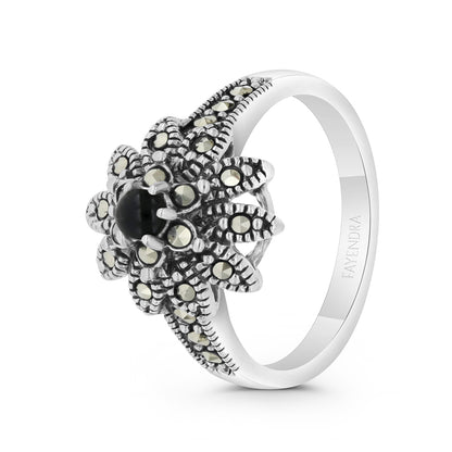 Sterling Silver 925 Ring Embedded With Natural Black Agate And Marcasite Stones