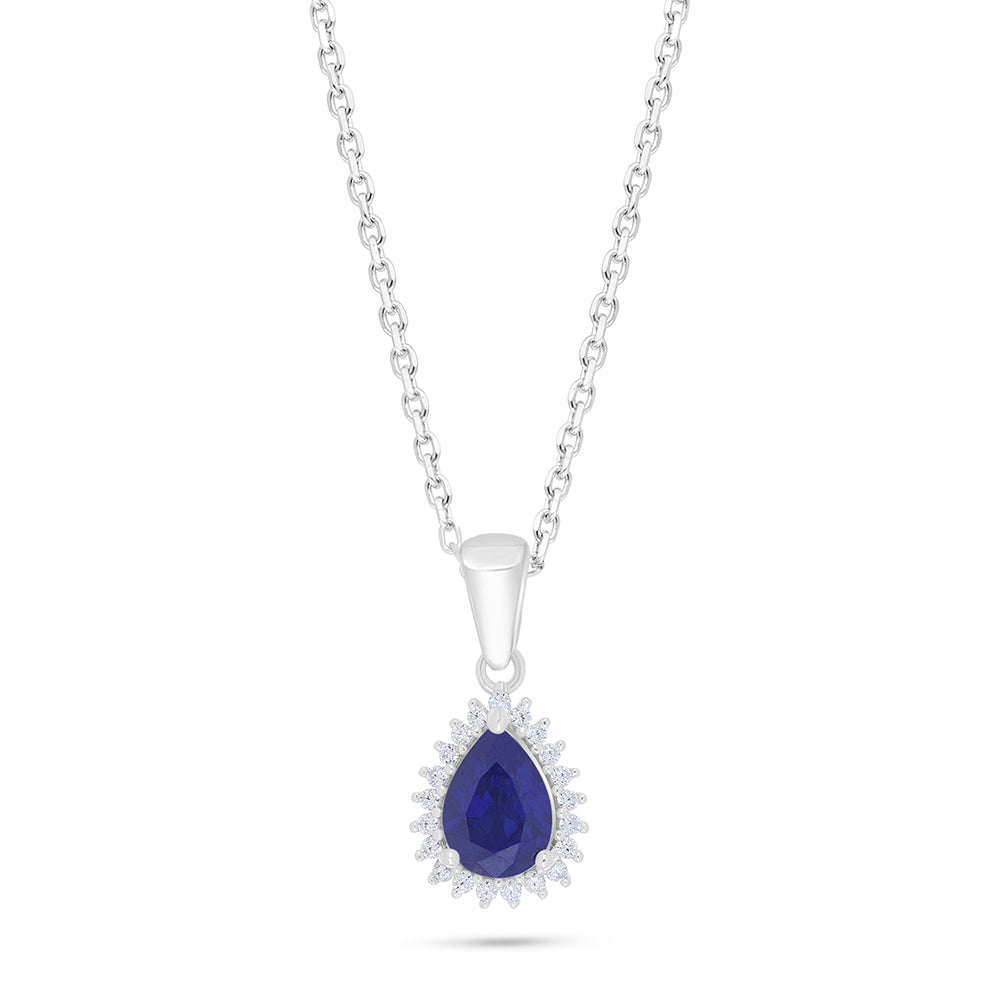 Sterling Silver 925 Necklace Rhodium Plated Embedded With Sapphire Corundum And White Zircon