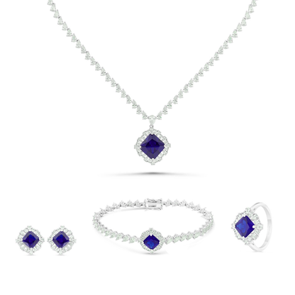 Sterling Silver 925 SET Rhodium Plated Embedded With Sapphire CorundumAnd White CZ