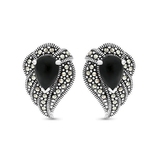 Sterling Silver 925 Earring Embedded With Natural Black Agate And Marcasite Stones