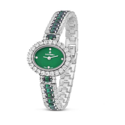 ساعة ستانلس ستيل عيار 316L بلون فضي مرصعة زركون زمردي و فص ابيض - مينا ام اللألئ باللون الأخضر